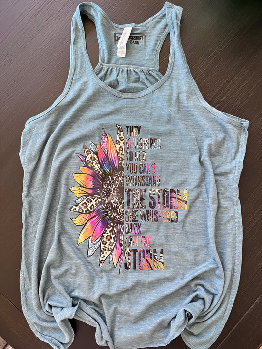 She is the storm screen print racer back tank top